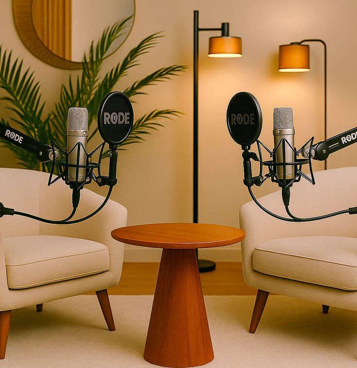 Two armchairs set up with microphones for a podcast recording